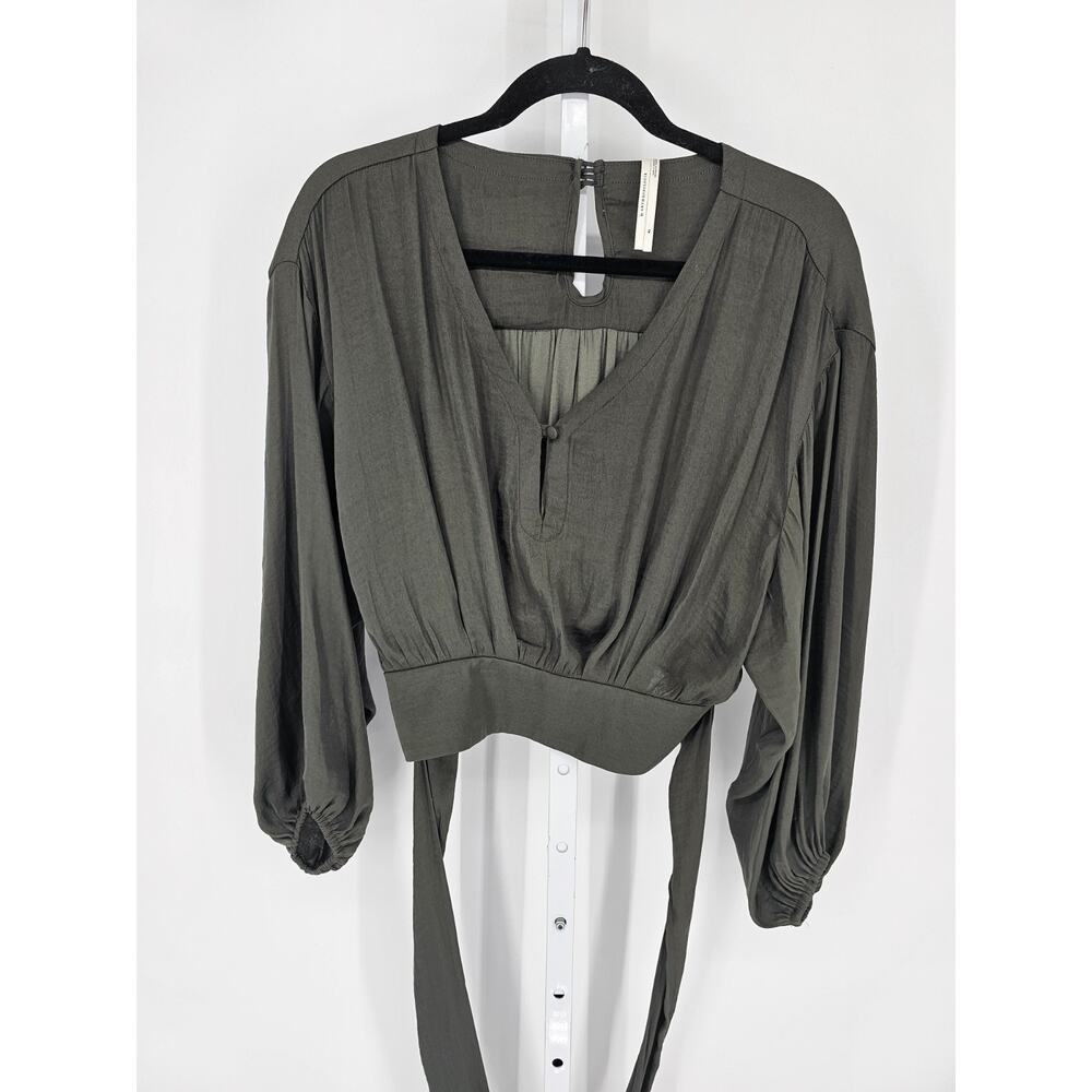Anthropologie Ladies XS Bubble Sleeve Tie Around Blouse Olive Green